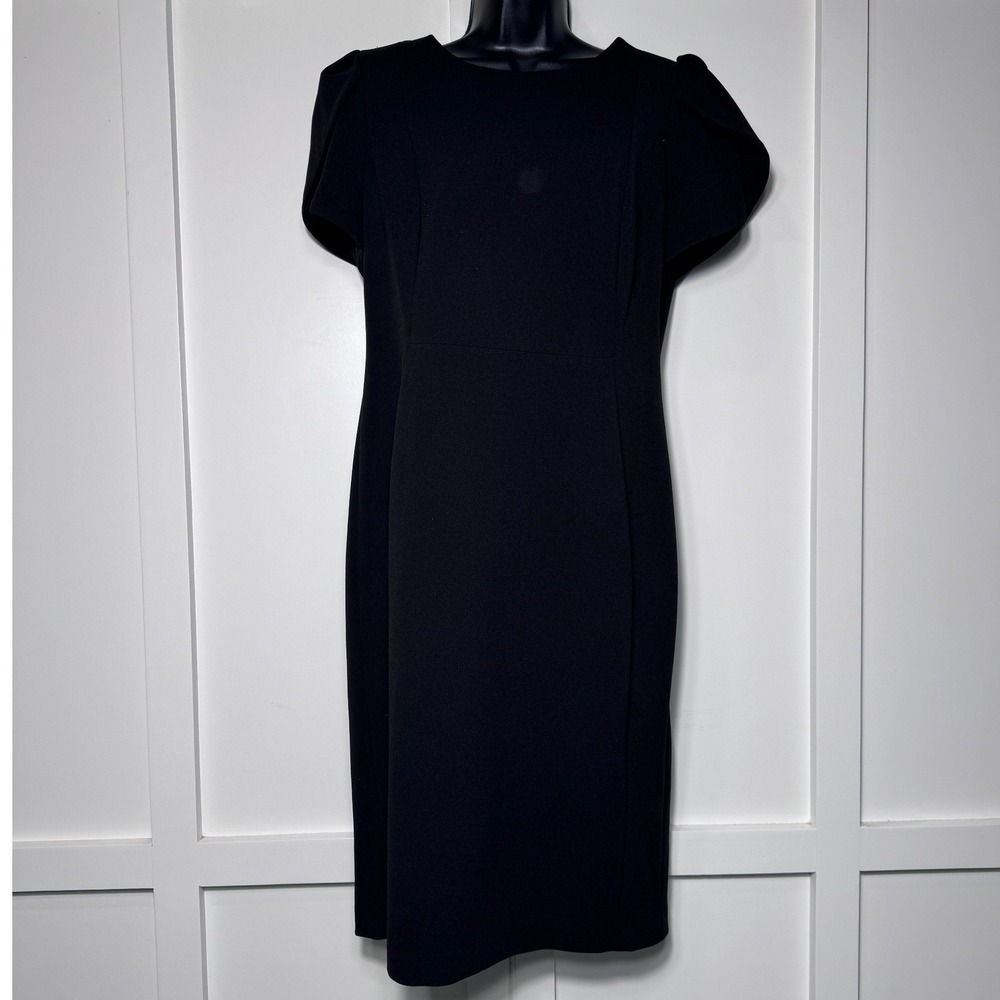 Calvin Klein Womens Black Petal Sleeve Sheath Dress Size 12 Stretch Crepe LBD